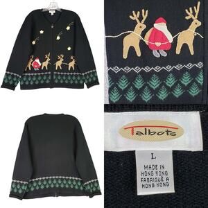 Talbots Vintage Cardigan Full Zip Black Women’s Size Large Wool Santa Christmas